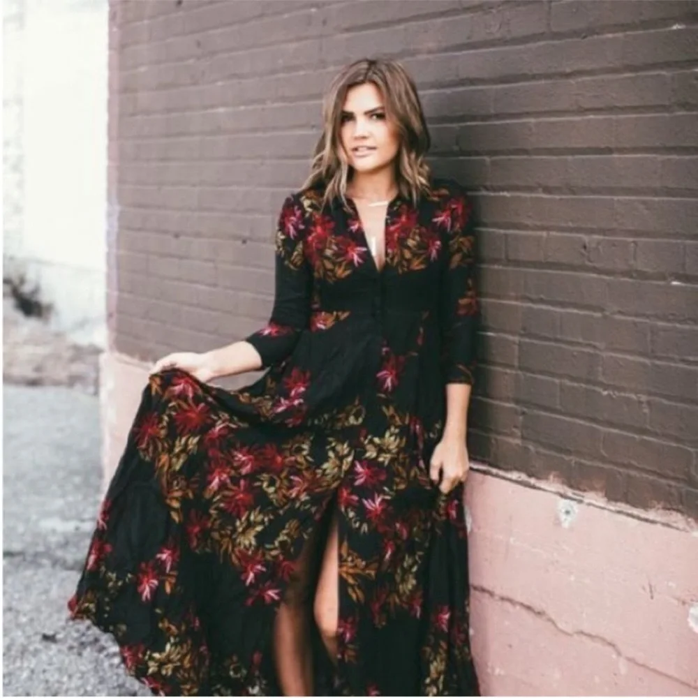 Rare Free People After The Storm Black Red Floral Print Boho Maxi Shirt Dress 4